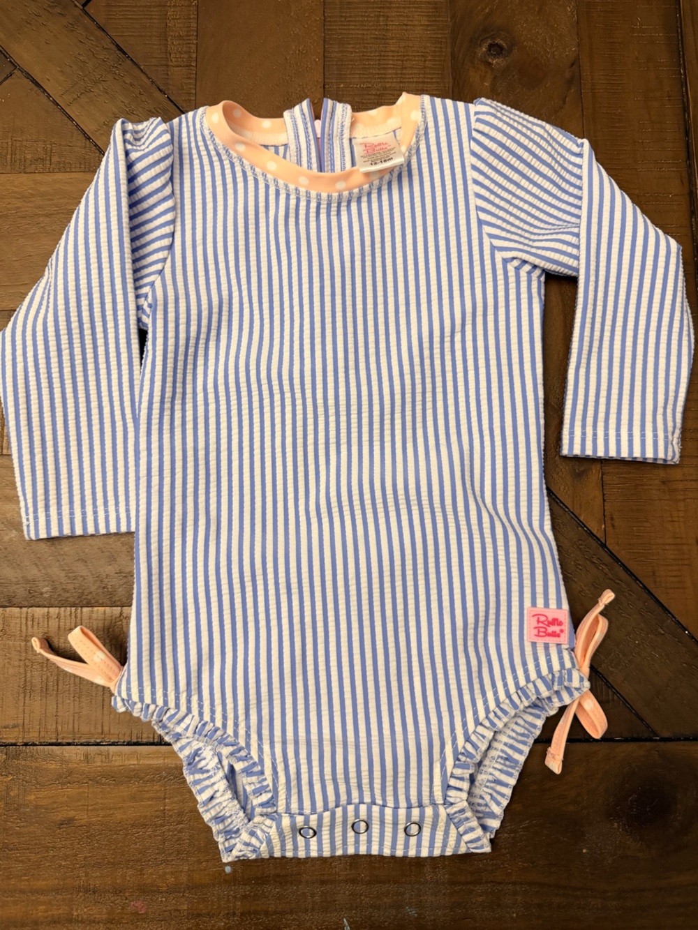 Rufflebutts Blue and White Striped Long Sleeve Swimsuit